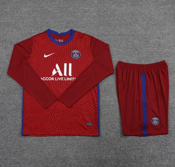 PSG Red Long Sleeve Goalkeeper Soccer Jersey Kits (Shirt+Shorts) 2020/21